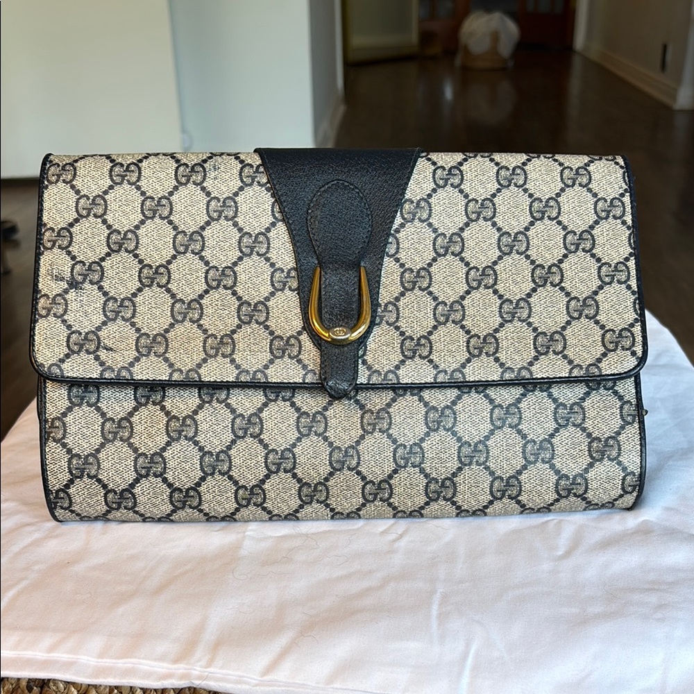 Gucci Beige and Blue Monogram Clutch